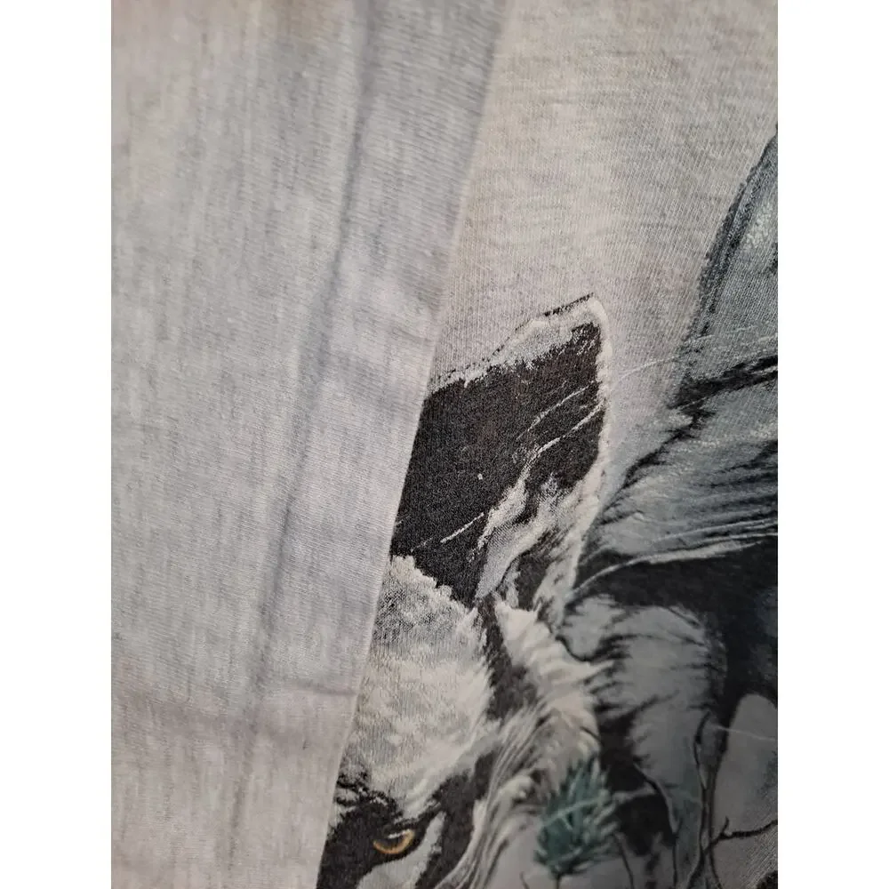 Single Stitch Hanes Men's Wolf Wolves Print Black Short Sleeve Round Neck Size L